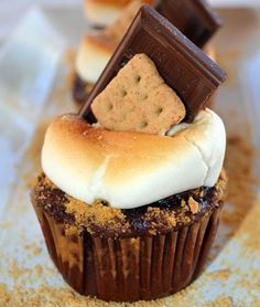 chocolate cupcakes with marshmallows and graham crackers on top