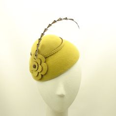 Mustard Yellow Felt Cocktail Hat for Women Mini Cloche Hat - The Millinery Shop Handmade Fitted Vintage Fascinator, Yellow Fitted Short Brim Fascinator, Adjustable Yellow Hats For Royal Ascot, Adjustable Yellow Hat For Royal Ascot, Yellow Fitted Fascinator For Royal Ascot, Yellow Fitted Mini Hat For Royal Ascot, Fitted Yellow Mini Hat For Royal Ascot, Yellow Vintage Hat With Curved Brim, Vintage Yellow Hat With Curved Brim