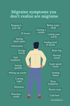 Migraine has many unexpected symptoms beyond traditional throbbing head pain.  In fact, 90% of people who think they have sinus headaches actually have migraine.  Other unexpected symptoms can be due to central and autonomic nervous system dysfunction. Always discuss new symptoms with your provider to ensure it's a migraine, not something else, like a sinus infection, seizure, TIA or other neurological condition. Migraines With Aura, Migraine Symptoms Signs, Migraine Stages, Optical Migraine, Migraine Types, Hemiplegic Migraines, How To Stop Migraines, Migraine Vs Headache, Migraine Headaches Symptoms