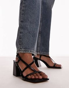 Topshop Wide Fit Gabby strappy block heel sandals in black | ASOS Strappy Block Heel Sandals, Joni Jeans, Strappy Block Heels, Running Trainers, Trainer Heels, Block Heel Sandals, Skirt Co Ord, Heel Sandal, White Trainers