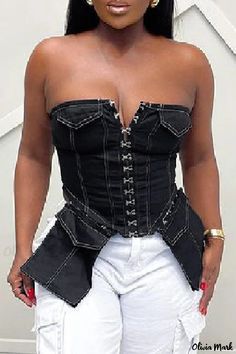 Olivia Mark - Stylish Casual Patchwork Backless Asymmetrical Strapless Top Black Strapless Spring Corset, Black Strapless Corset For Spring, Asymmetrical Neckline, Denim Style, Strapless Tops, Fashion Gallery, Online Tops, Wholesale Fashion, Denim Top