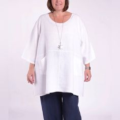 Nwt Pure Plus Blouse Made Italy 100% Linen Front Pockets 3/4 Sleeves White Color Aprox Size L/Xl White Color *** Has A Small Stains, See Last Two Pictures *** Plus Size White Shirts For Women, White Color, Color White, Top Blouse, Blouses, Womens Tops, Italy, Pure Products, Women Shopping