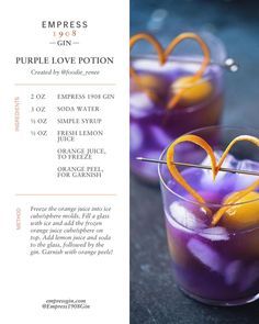 two glasses filled with purple liquid and orange peel garnished in the shape of a heart