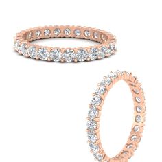 a rose gold ring with rows of diamonds on the inside, and an oval shaped band