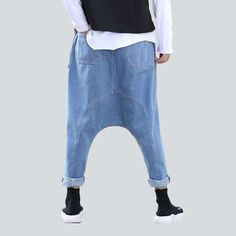 Blue Baggy Cropped Jeans, Casual Cotton Denim Blue Harem Pants, Casual Denim Blue Cotton Harem Pants, Baggy Straight Leg Summer Jeans, Baggy Blue Jeans With Cropped Leg, Baggy Mid-rise Cropped Jeans In Denim Blue, Baggy Straight-leg Harem Pants For Streetwear, Streetwear Straight Leg Baggy Harem Pants, Casual Baggy Cropped Leg Jeans