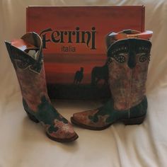 Ferrini Italia Sweetheart Teal V-Toe Western Boots Never Worn - Finely Crafted Western Boots Blue, Teal, Coral, Yellow/Gold With Red Rhinestones Teal Coral, Red Rhinestone, Cowgirl Style, Blue Teal, Shoes Heels Boots, Western Boots, Blue Gold, Cowboy Boots, Shoes Women Heels