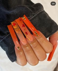 Orange Fall Acrylic Nails, Orange Nails Acrylic Fall, Neon Fall Nails, Orange Nails Autumn, Scorpio Nails Designs, Fall Autumn Nails, Acrylic Nails Coffin Ombre, Black Acrylic Nail Designs, Holloween Nails