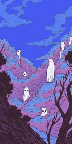 an image of some white ghost in the sky with trees and hills behind them at night