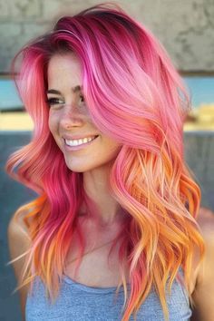 Pink Orange And Blonde Hair, Light Vivid Hair Color, Fun Vibrant Hair Colors, Pink And Coral Hair, Pastel Pink And Orange Hair, Purple Pink Orange Hair, Orange To Pink Hair, Fun Hair Styles Long Hair, Pop Of Color Hair Ideas