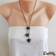 Asymmeterical nеcklace with purple lampwork hearts and jasper. The cord is made of genuine black leather. Тhe length of the jewellery cord is 57 cm (22.4 inches) without the pendant. The total length of the necklace is 60 cm (23.6 inches).  Your purchase comes in a gift box. International orders will take between 5-20 working days to arrive, but can take longer during the holidays! Unique Adjustable Lariat Necklace As A Gift, Handmade Adjustable Heart Pendant Necklaces, Adjustable Lariat Necklace For Valentine's Day, Adjustable Purple Necklaces With Heart Beads, Handmade Black Lariat Necklace Gift, Handmade Black Lariat Necklace As Gift, Handmade Black Lariat Necklace For Gift, Unique Adjustable Heart Pendant Necklace, Purple Adjustable Heart Pendant Necklace