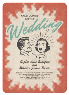 an old wedding program with two people talking to each other on the front cover, in red and white