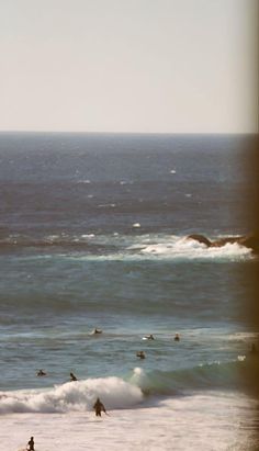 several surfers in the ocean with their surfboards