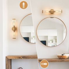 two round mirrors on the wall above a wooden table