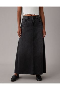 Rigid denim with no stretch/Featuring our Comfort Stretch Waistband!/Black wash Denim Maxi, Denim Maxi Skirt, The Floor, Denim Skirt, Women's Jeans, American Eagle Outfitters, Maxi Skirt, American Eagle, Women Jeans