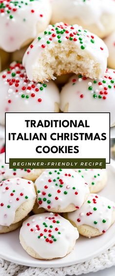 traditional italian christmas cookies with white frosting and sprinkles on a plate