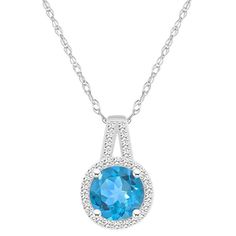 Complete your fashionable look with this stylish Celebration Gems gemstone and diamond pendant necklace.Click on this JEWELRY & WATCHES GUIDE to learn about fit, styles, materials and more! Pendant size: 3/5"L x 3/8"W Chain length: 18 in. Chain type: rope Nickel free Metal: sterling silver Plating: rhodium Finish: polished Packaging: boxedSTONE DETAILS Center stone size: 7 mm Shape: round Setting: prongDIAMOND DETAILS Total weight: 1/6 ct. Shape: round Setting: prong Gemstones may have been trea Formal Birthstone Necklace With Diamond Accents, Blue Topaz Round Necklace With Brilliant Cut, Round Blue Topaz Necklace With Brilliant Cut, Round Brilliant Cut Blue Topaz Necklace, Brilliant Cut Blue Topaz Round Necklace, Blue Topaz Necklaces With Diamond Accents For Anniversary, Formal Round Blue Topaz Necklace, Halo Pendant, Pendant With Chain