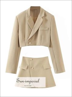 Women Beige Two Piece Skirt Set with Cropped Blazer Jacket and Wrap Mini Skirt Blazer E Short, Short Pollera, Blazer And Skirt Set, Women Blazer, Rock Outfit, Blazer And Skirt, Crop Blazer, Miniskirt Outfits, Blazer Set