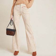 New Without Tags Size 32 Or Woman’s 14 Chic Beige Wide Leg Mid-rise Pants, Chic Beige Mid-rise Wide Leg Pants, Striped Bottoms For Business Casual Fall Season, Fall Season Striped Bottoms For Business Casual, Striped Wide-leg Pants For Fall, Fall Striped High-waisted Pants, Striped Trousers For Fall, Striped Cotton Pants For Fall, Chic Fitted Orange Bottoms