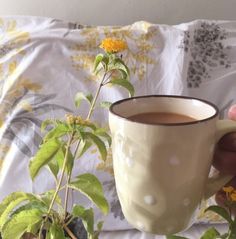 a person holding a coffee cup in front of a plant with yellow flowers on it