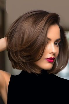 Bobs For Brunettes, Hair Color Short Hair Brown, Shag Bob No Bangs, Full Body Bob Hairstyles, Short Hair Business Woman, Short Cut For Women, Lightly Layered Bob, Brown Bobs Haircuts, Short To Medium Layered Haircuts