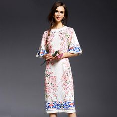 White Flower Appliques Half Flare Sleeve Vintage Printed Straight Knee-length Dress - Uniqistic.com Floral Print Sheath Midi Dress For Garden Party, Fitted Half Sleeve Midi Dress For Spring, Spring Floral Print Half-sleeve Dresses, Spring Floral Print Dress With Half Sleeves, Elegant White Floral Embroidered Dress, Elegant White Floral Dress With Short Sleeves, Floral Print Sheath Dress For Garden Party, Sheath Dress With Floral Print For Garden Party, White Sheath Dress With Floral Print