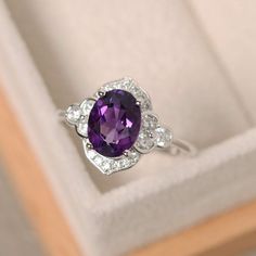 Chalcedony Crystal, Oval Cut Engagement Ring, Purple Amethyst Ring, Gold Diamond Wedding Band, Aquamarine Engagement Ring, Amethyst Jewelry, Amethyst Purple, Halo Ring, Bridal Jewelry Sets