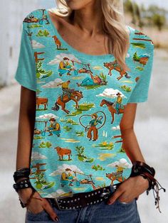 Light Blue T-shirt With Cartoon Print For Spring, Casual Light Blue Printed T-shirt, Casual Stretch Printed Tops, Casual All Over Print Crew Neck Tops, Casual Crew Neck Top With All Over Print, Casual Multicolor Tops With Funny Print, Casual Multicolor Top With Funny Print, Casual Crew Neck Top With Cartoon Print, Casual Multicolor Cartoon Print Tops