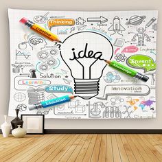 a light bulb with the word idea written on it surrounded by doodles and pencils