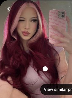 young woman holding a phone taking a selfie pictured with long dark pink / fuchsia hair. she has two strands of hair in the front dyed a lighter pink. Dark Pink Hair, Magenta Hair, Light Pink Hair, Pink Hair Dye, Red Hair Inspo, Hair Color Streaks, Bright Hair Colors