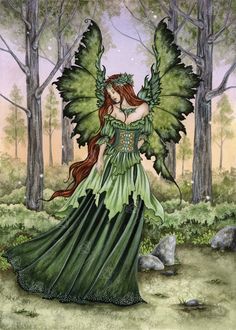 a painting of a green fairy in the woods