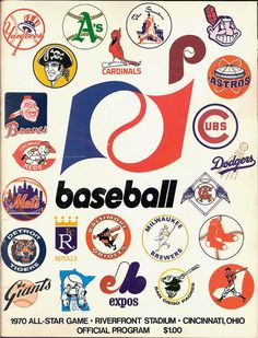 an old baseball poster with many different logos