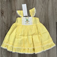 Authentic Well Dressed Wolf Brand, Girls Dress, Size 12 Months. Hand Embroidered Detailed Pineapple And Flowers Design On Front. Double Layered Fabric With Button Up Back. 100 Percent Cotton. Brand New With Tags Playful Cotton Holiday Dress, Playful Cotton Dress For Holiday, Yellow Dress For Spring Holiday, Sweet Cotton Playtime Dress, Sweet Cotton Dress For Playtime, Cute Holiday Dresses For Spring, Sweet Cotton Dress For Playdate, Cute Spring Holiday Dresses, Sweet Cotton Dresses For Dress-up