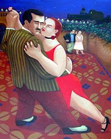 a painting of a man and woman dancing on a red carpet with people in the background