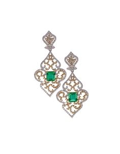 18K White and Yellow Gold, Emerald and Diamond earrings Adler's of New Orleans - Adler's Jewelry of New Orleans Luxury Green Diamond Earrings, Luxury Green Diamond Earrings With Accents, Luxury Emerald Earrings With Diamond Accents, Luxury Green Emerald Diamond Earrings, Green Diamond Earrings With Diamond Accents, Green Diamond Earrings For Formal Occasions, Fine Jewelry Green Diamond Earrings, Luxury Green Bridal Earrings, Green Diamond Bridal Earrings Fine Jewelry