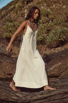 Emmers Linen Midi | Free People Summer Linen V-neck Dress For The Beach, Chic V-neck Linen Dress For Beach, Chic V-neck Linen Beach Dress, Summer V-neck Maxi Dress With Adjustable Straps, Spring Beach Maxi Dress With Knotted Straps, Summer Maxi Dress With Knotted Straps For Beach, V-neck Maxi Dress With Knotted Straps For The Beach, Beach Maxi Dress With Knotted Straps V-neck, Summer Beach Maxi Dress With Knotted Straps