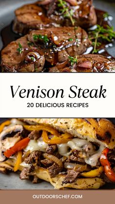 steak and vegetables on a plate with the words, venison steak 20 delicious recipes