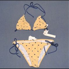 Top Small, Bottom Xlarge Polka Dot Beachwear Swimwear For Summer, Spring Polka Dot Swimwear, Polka Dot Beachwear For Summer, Polka Dot Summer Swimwear For Pool, Polka Dot Swimwear For Poolside Summer, Polka Dot Swimwear For Poolside, Polka Dot Summer Swimwear For Beach, Casual Polka Dot Swimwear For Pool, Adjustable Yellow Swimwear For The Pool