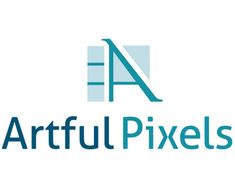 the logo for artful pixels is shown in blue and green letters on a white background