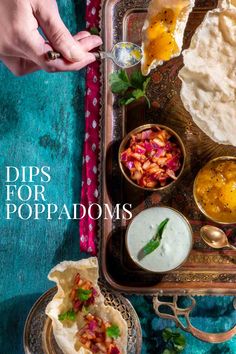 Various dips for poppadoms in snall bowls on a gold tray, surrounded by poppadoms. Indian Dips, Vegetable Curry Recipes, Beef Curry Recipe, Curry Night, Curry Recipes Easy, Party Dip Recipes