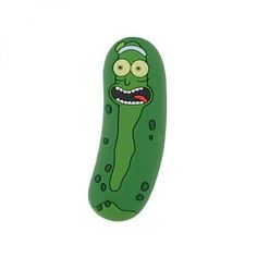 a green pickle with an evil face on it's head and tongue sticking out