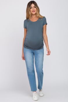 A solid short sleeve fitted top with a round neckline and side ruching. The Deep Teal Basic Short Sleeve Maternity Fitted Top is perfectly bump-friendly! Casual Ruched Short Sleeve T-shirt, Casual Stretch Tops Bump Friendly, Casual Stretch Bump Friendly Tops, Casual Fitted Ruched T-shirt, Casual Ruched Fitted T-shirt, Spring Short Sleeve Bump-friendly Tops, Spring Short Sleeve Tops, Bump Friendly, Bump-friendly Short Sleeve Tops For Spring, Spring Bump Friendly Short Sleeve Tops