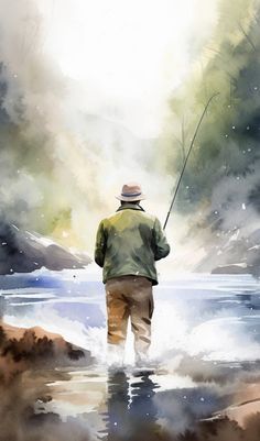 a painting of a man fishing in the water