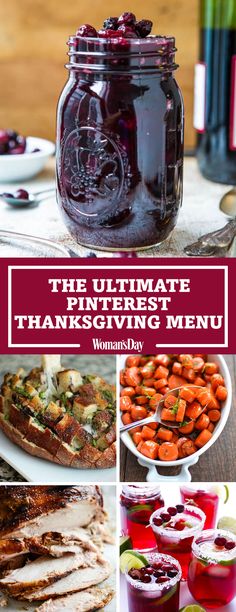 the ultimate thanksgiving menu with turkey, cranberry sauce and other foods in mason jars