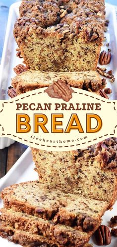 Pecan Praline Bread, christmas brunch, sweet breakfast ideas Butter Pecan Bread Recipe, Pecan Praline Scones, Pineapple Praline Bread, Sweet Pecan Bread, Pecan Pie Loaf, Sweet Breakfast Bread Recipes, Easy Pecan Bread, Pecan Raisin Bread, Pecan Nut Recipes