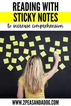 a girl writing on sticky notes with the text reading with sticky notes to increase concentration