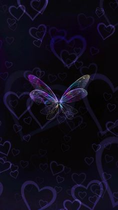 a butterfly flying through the air surrounded by heart shaped shapes in purple and blue colors