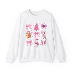 A festive and girly coquette Christmas crewneck sweatshirt in pink featuring a bow, gingerbread man, snowman, reindeer, and a pink Christmas tree. Perfect for the girlies looking for a cozy and stylish option during the holiday season.\n\nProduct features\n- Knit in one piece without side seams\n- Ribbed knit collar for elasticity\n- Medium-heavy fabric blend of cotton and polyester\n- Classic fit with crew neckline\n- Ethically grown US cotton and OEKO-TEX-certified dyes\n\nCare instructions\n- Machine wash: cold (max 30C or 90F)\n- Non-chlorine: bleach as needed\n- Tumble dry: low heat\n- Do not iron\n- Do not dryclean\n Winter Wear Women, Santa Sweatshirt, Cute Christmas Gifts, Pink Christmas Tree, Xmas Sweater, Holiday Sweatshirt, Festive Holiday, Pink Sweatshirt, Pink Bow