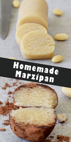 homemade marzipan bread is cut in half on a table