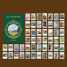 the oil painting book is displayed in front of many different pictures and words on it