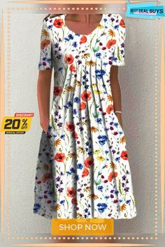 Casual Flower Round Neck Medium Length Straight Dress White Printed Floral Dress With Short Sleeves, White Printed Knee-length Floral Dress, White Floral Printed Knee-length Dress, White Knee-length Printed Floral Dress, Casual Multicolor Flowy Floral Dress, White Floral Print Shift Midi Dress, Casual A-line Floral Dress For Garden Party, White Shift Midi Dress With Floral Print, Casual Spring Floral Printed Dress